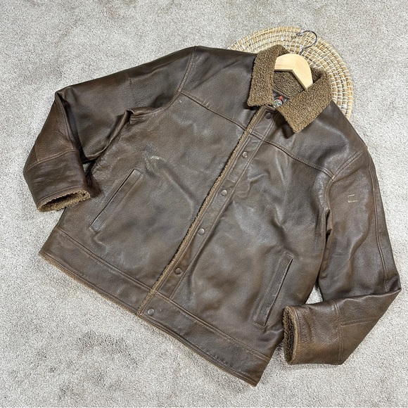 City of Farmington Men’s Genuine Leather Sherpa Lined Jacket Coat Barn Brown M - Picture 1 of 16
